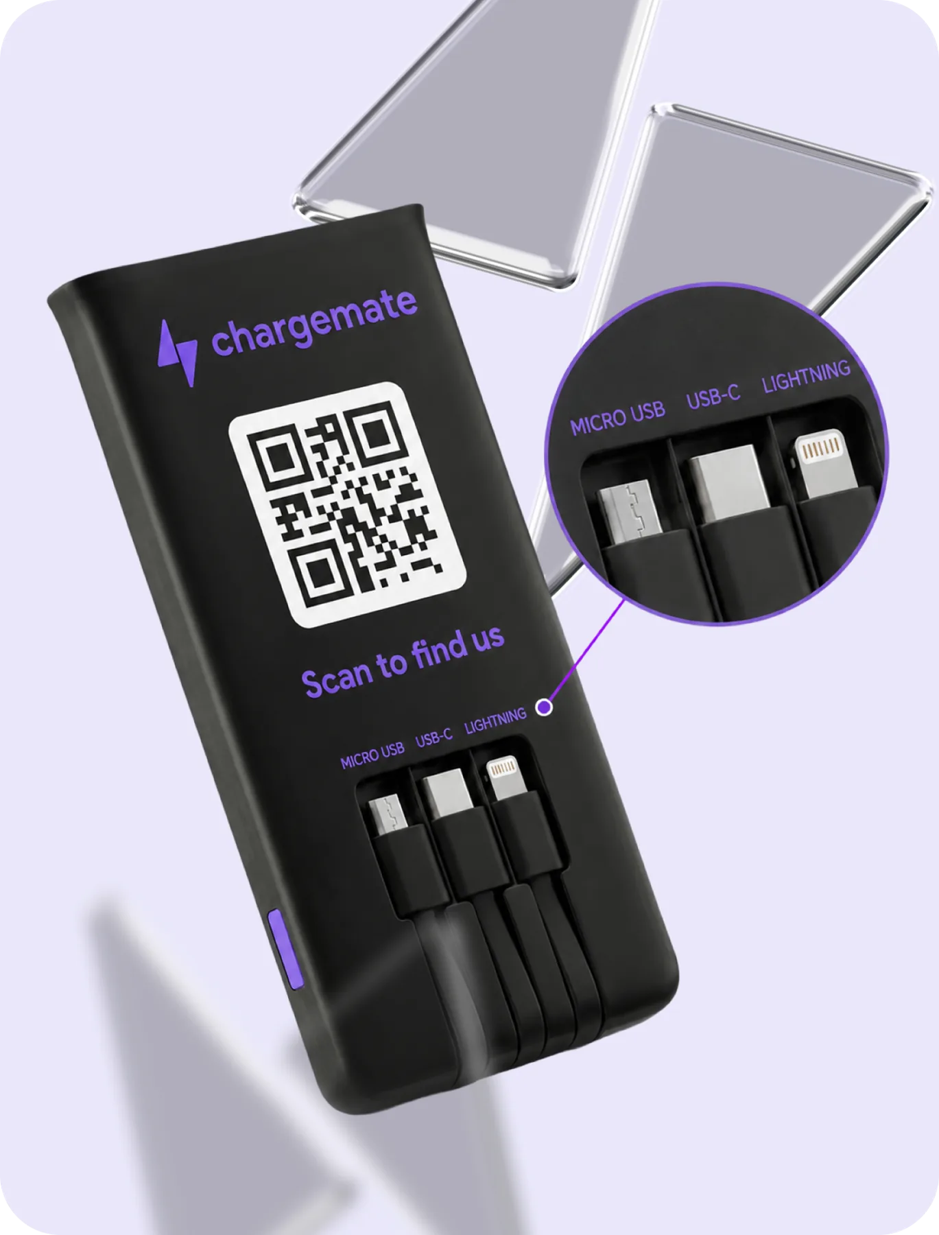 Chargemate powerbank with Micro USB, Type-C and Lightning cables